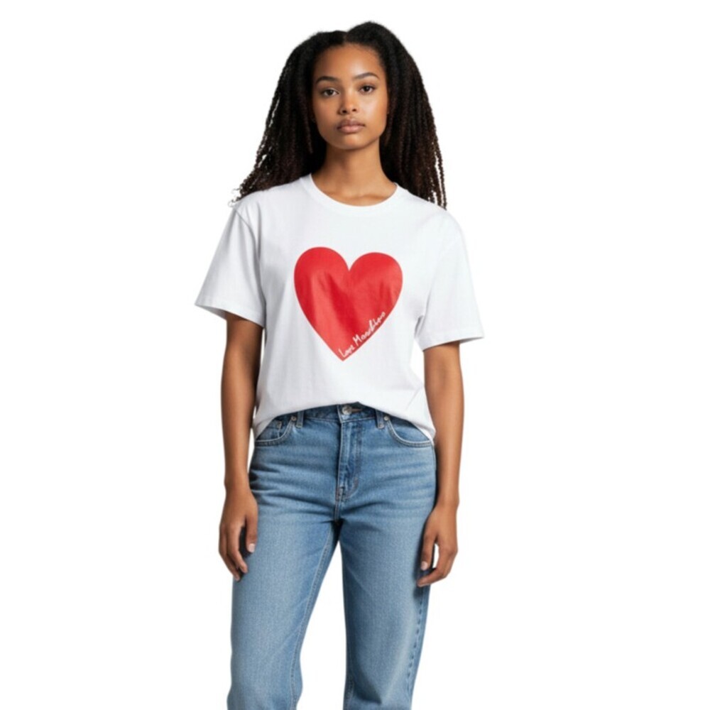 Love Moschino Shirt Womens 10 White Red Heart Graphic Short Sleeve Tee Casual